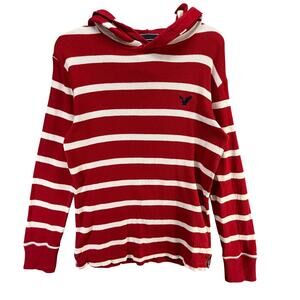 American Eagle Y2K Waffle Knit Hoodie Shirt‎ Unisex Small Red White Striped